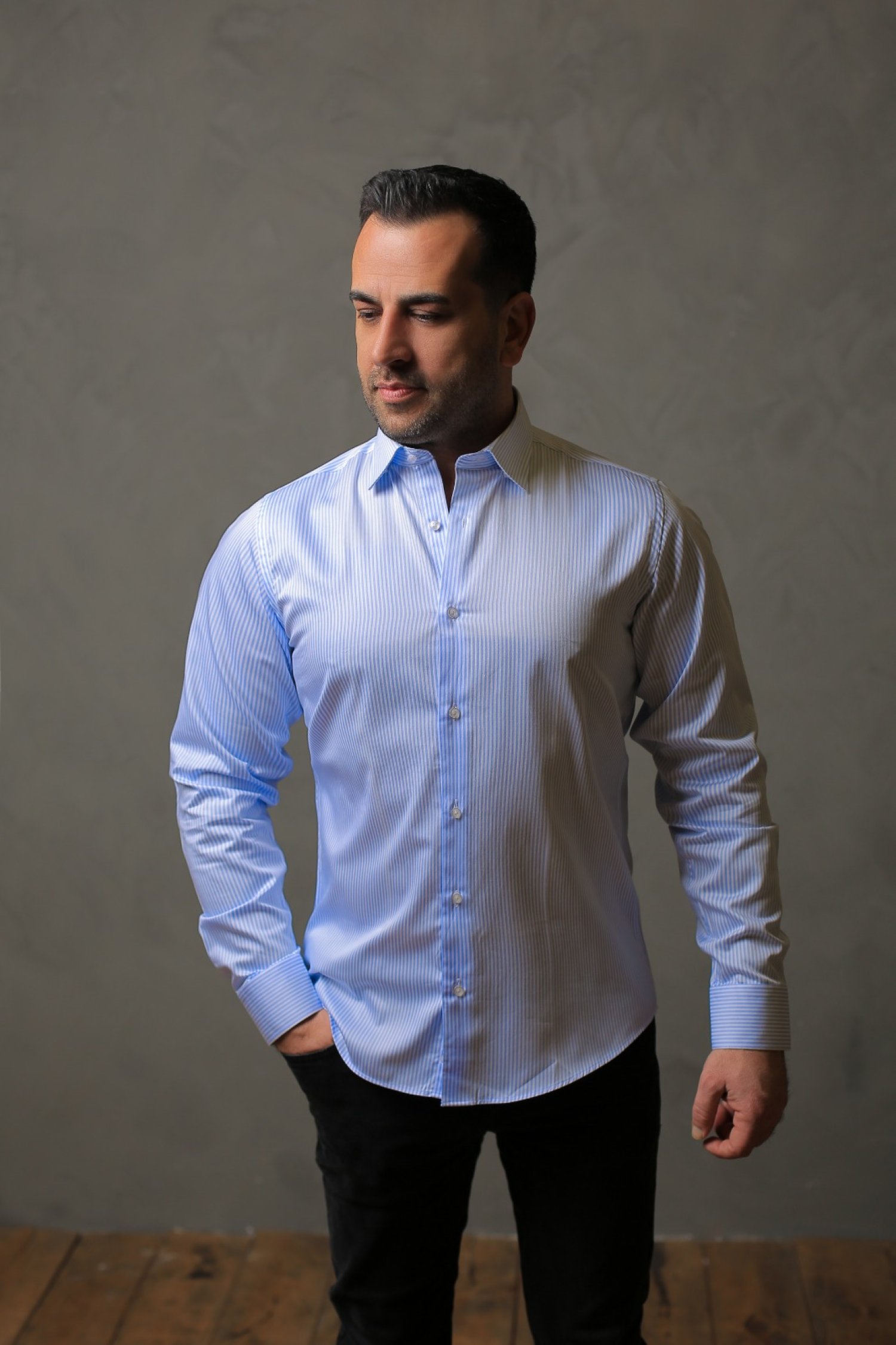 % 100 PAMUK SATEN AÇIK MAVİ ÇİZGİLİ SLİM FIT GÖMLEK - S RDF4