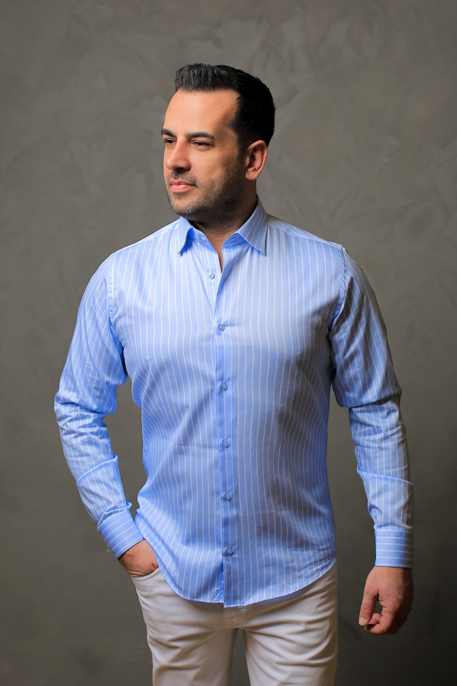 %100 Pamuk Saten Beyaz Çizgili Mavi Slim Fit Gömlek - S GLQ2