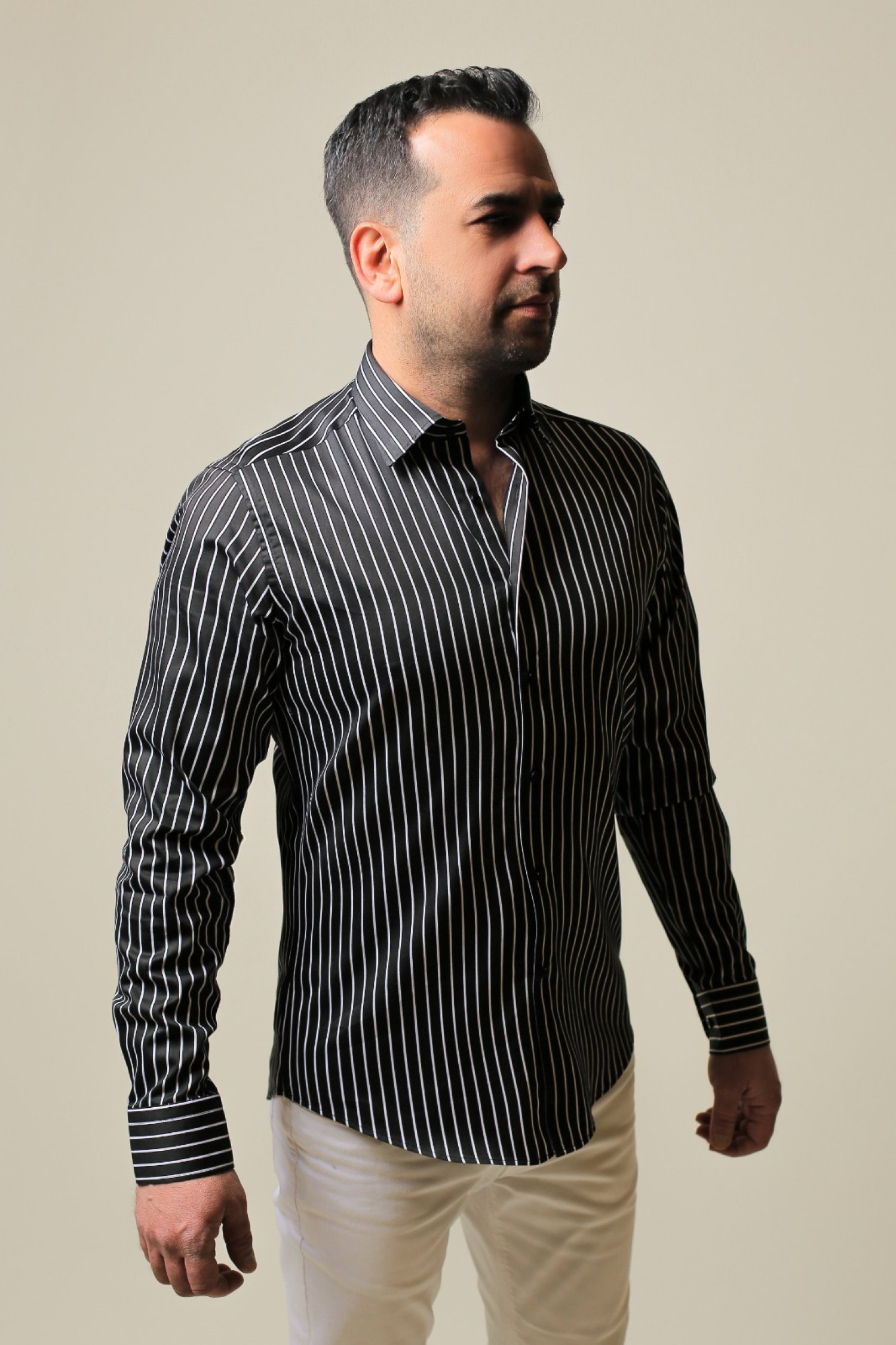 %100 Pamuk Saten Beyaz Çizgili Siyah Slim Fit Gömlek - S O20E