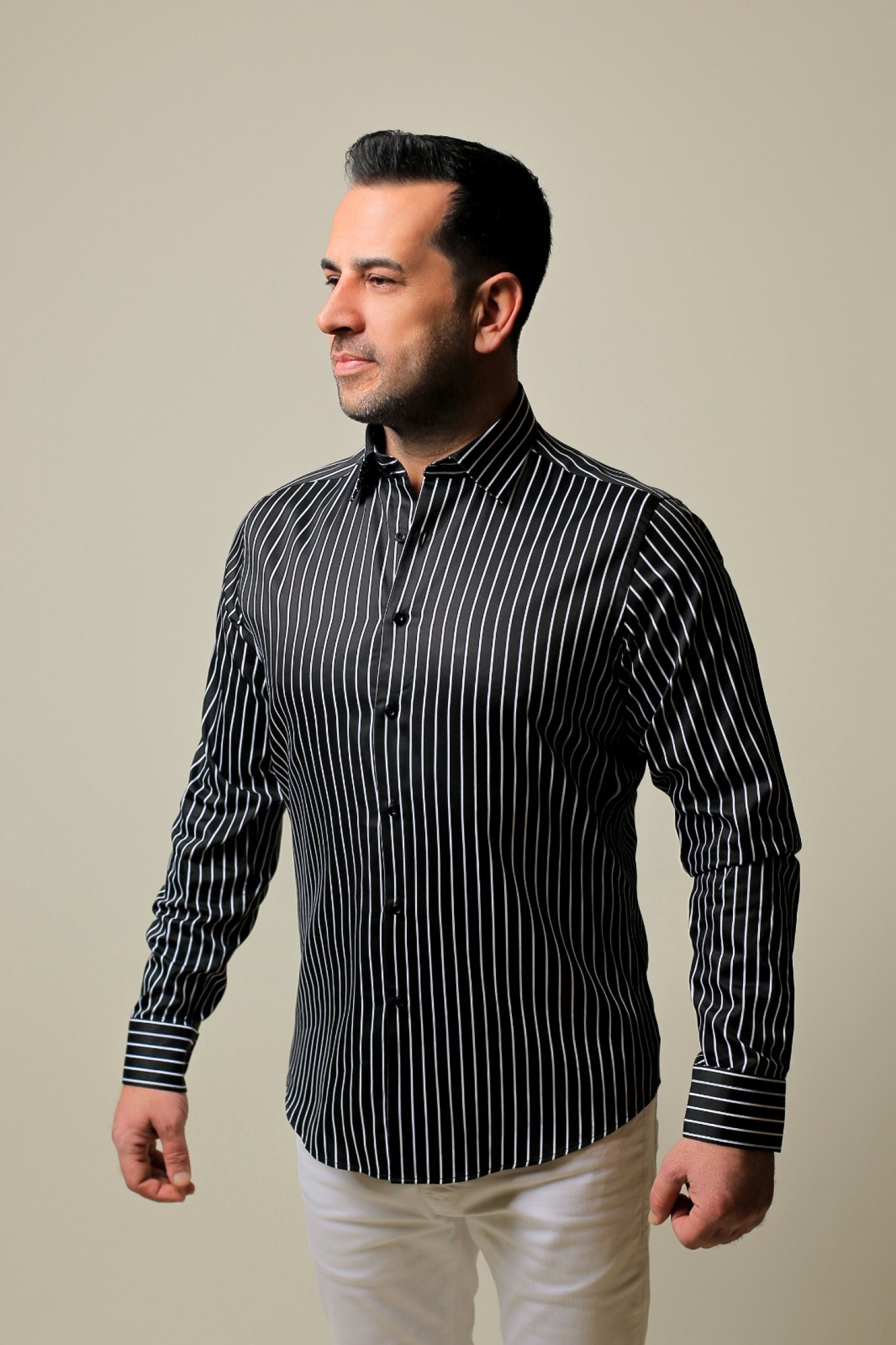 %100 Pamuk Saten Beyaz Çizgili Siyah Slim Fit Gömlek - S RD7H