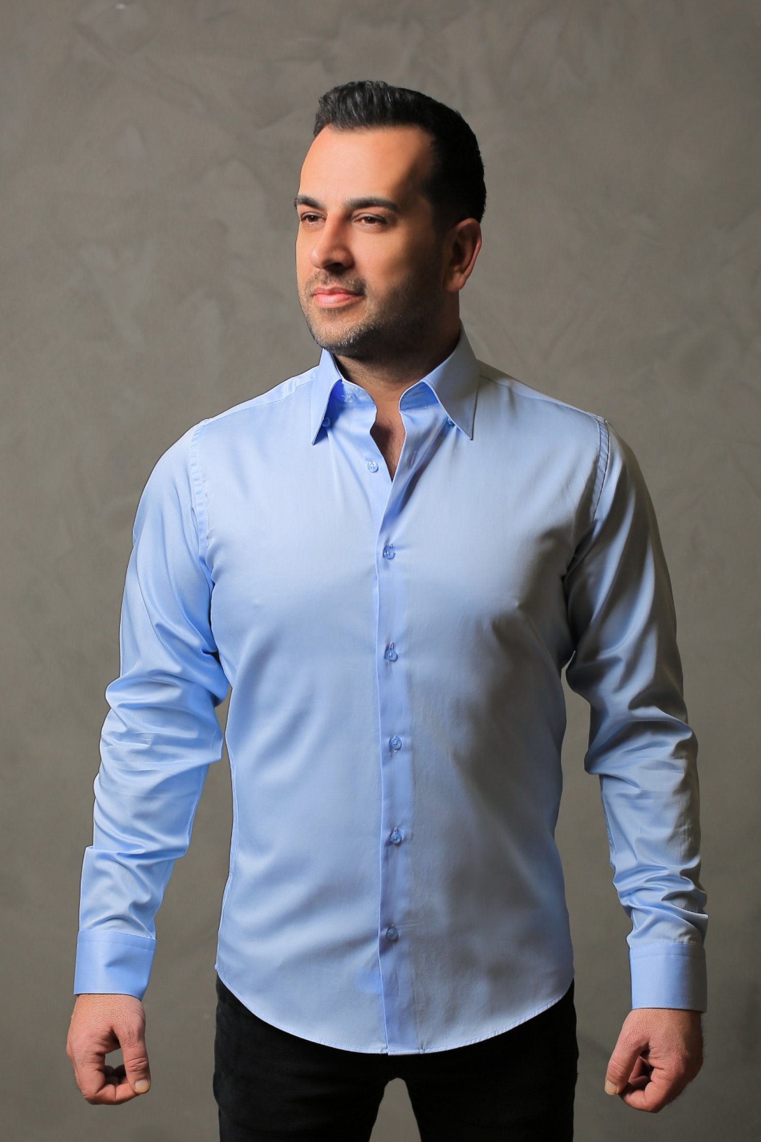 %100 Pamuk Saten Erkek Mavi Slim Fit Gömlek - XL D8TK