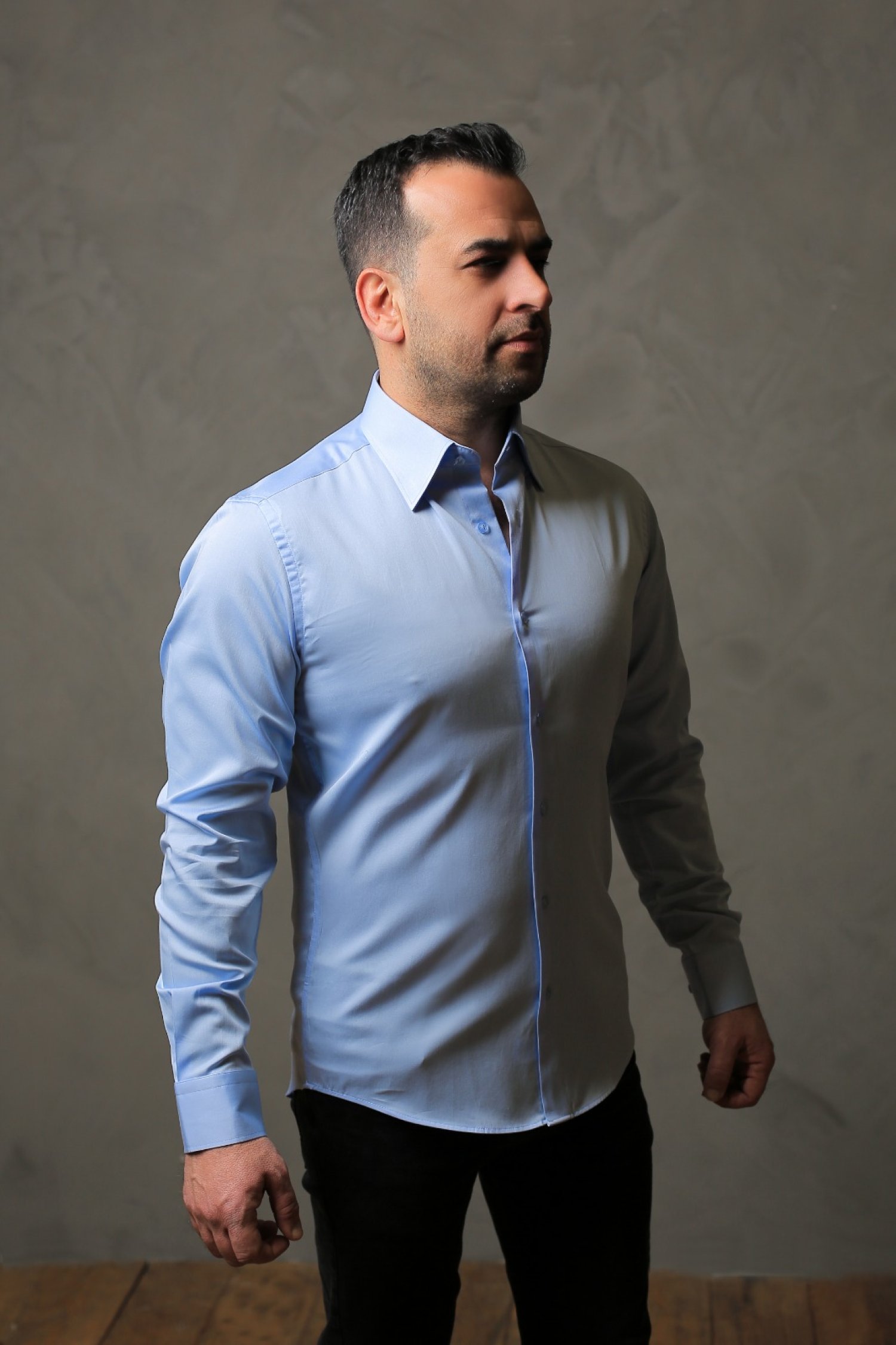 %100 Pamuk Saten Erkek Mavi Slim Fit Gömlek - XL QK3Z