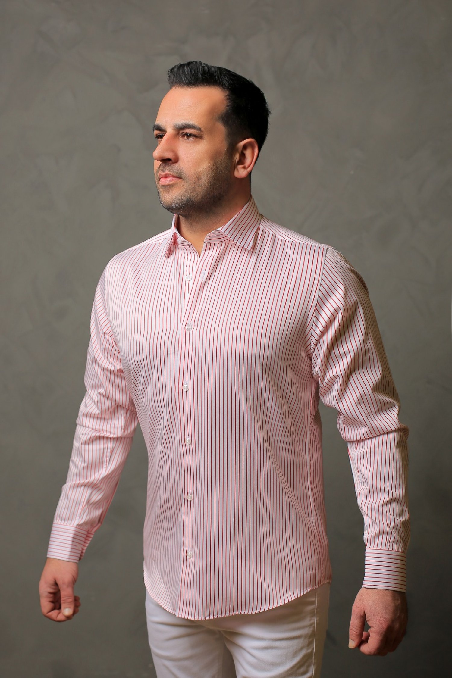 %100 Pamuk Saten Kırmızı Çizgili Beyaz Slim Fit Gömlek  - XXL NSN0