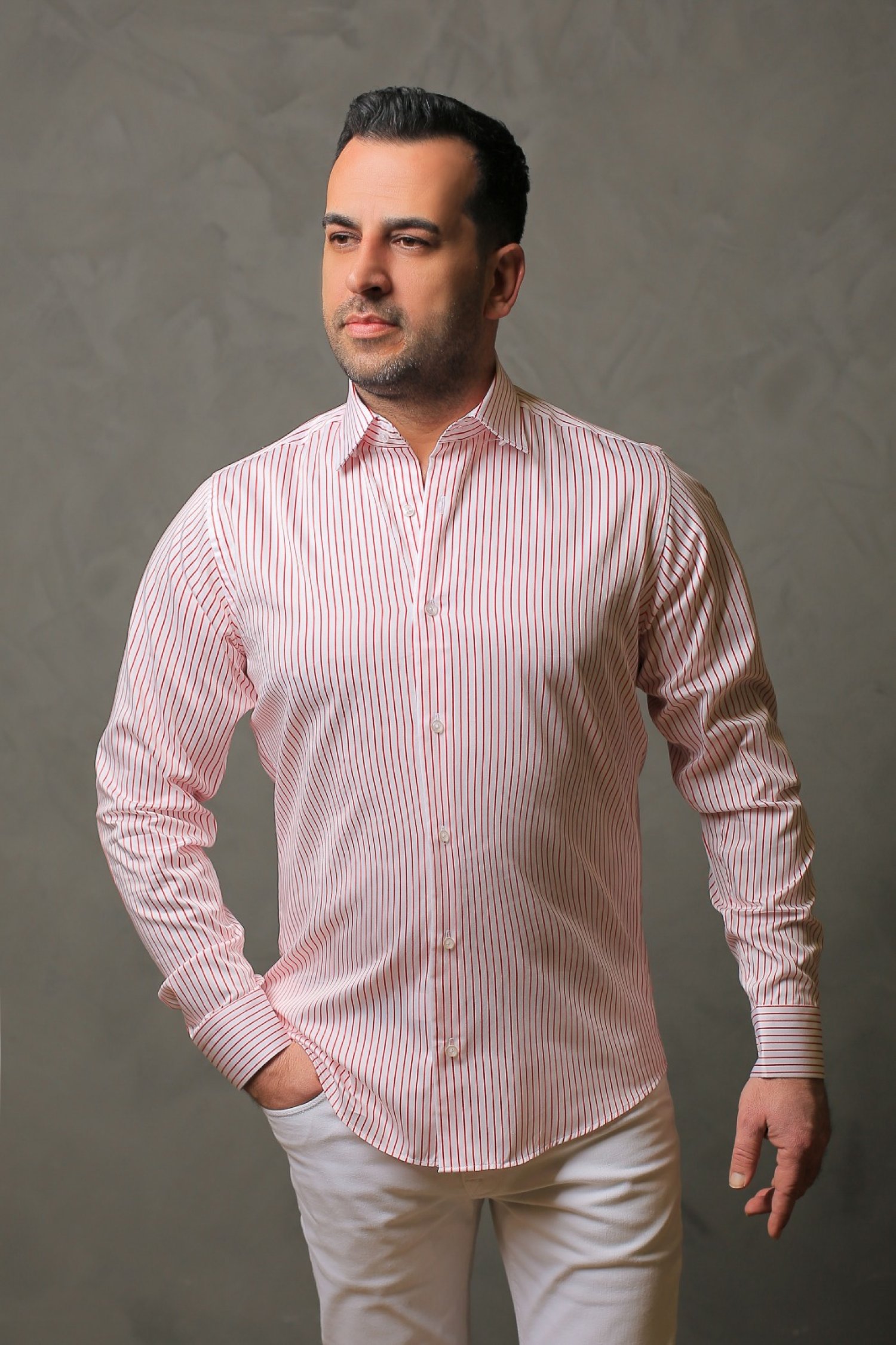 %100 Pamuk Saten Kırmızı Çizgili Beyaz Slim Fit Gömlek  - XXL VH37