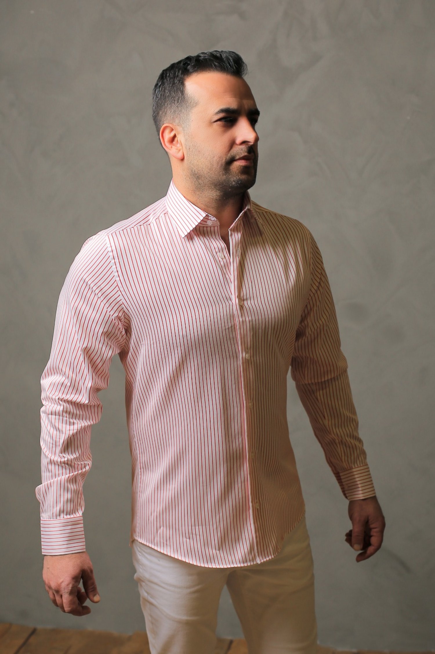 %100 Pamuk Saten Kırmızı Çizgili Beyaz Slim Fit Gömlek  - XXL YJVB