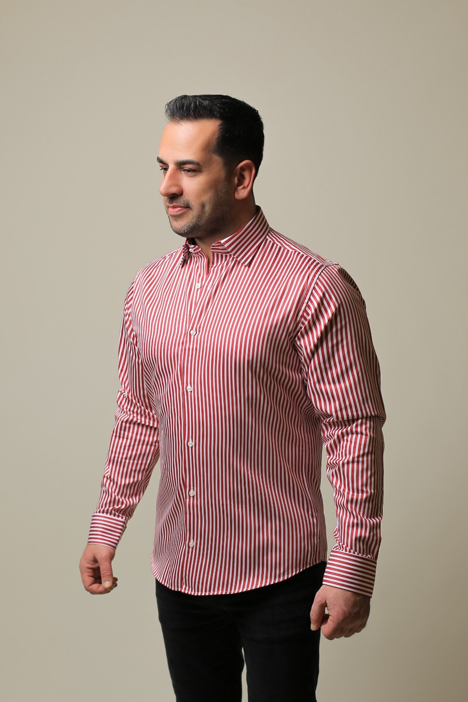 %100 PAMUK SATEN KIRMIZI ÇİZGİLİ SLIM FIT GÖMLEK - L NA2A