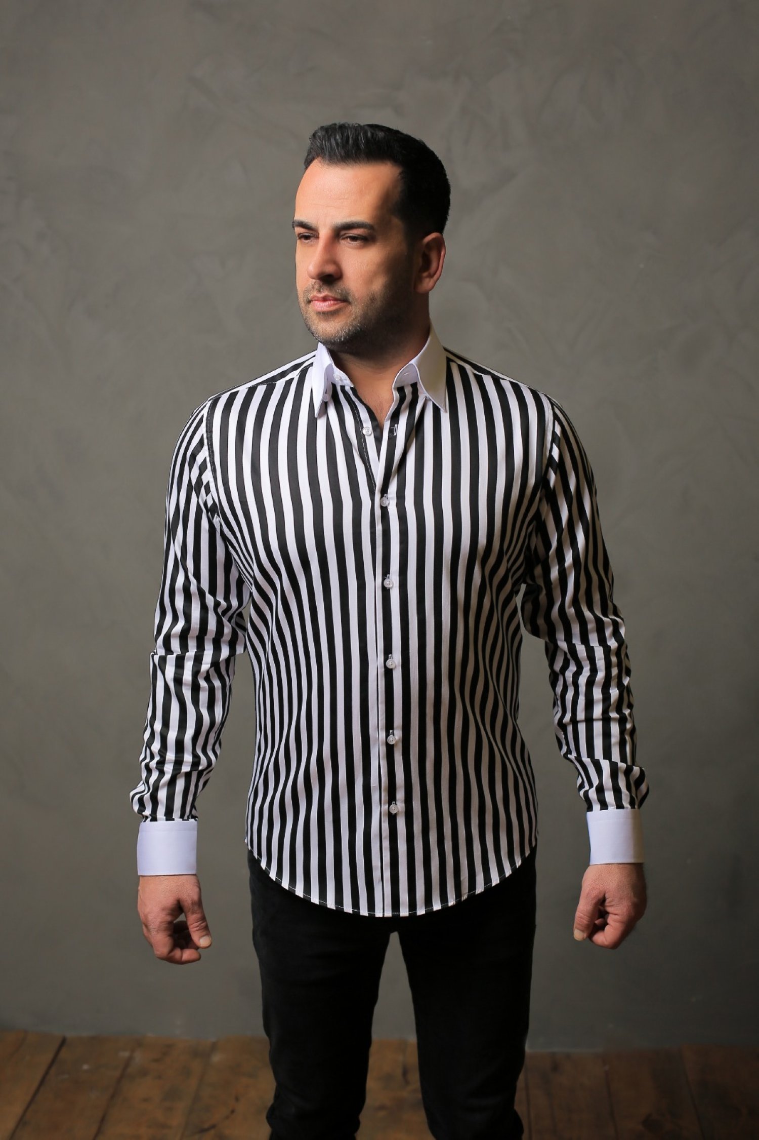 %100 Pamuk Saten Manşet Siyah Çizgili Slim Fit Gömlek - S X7C5