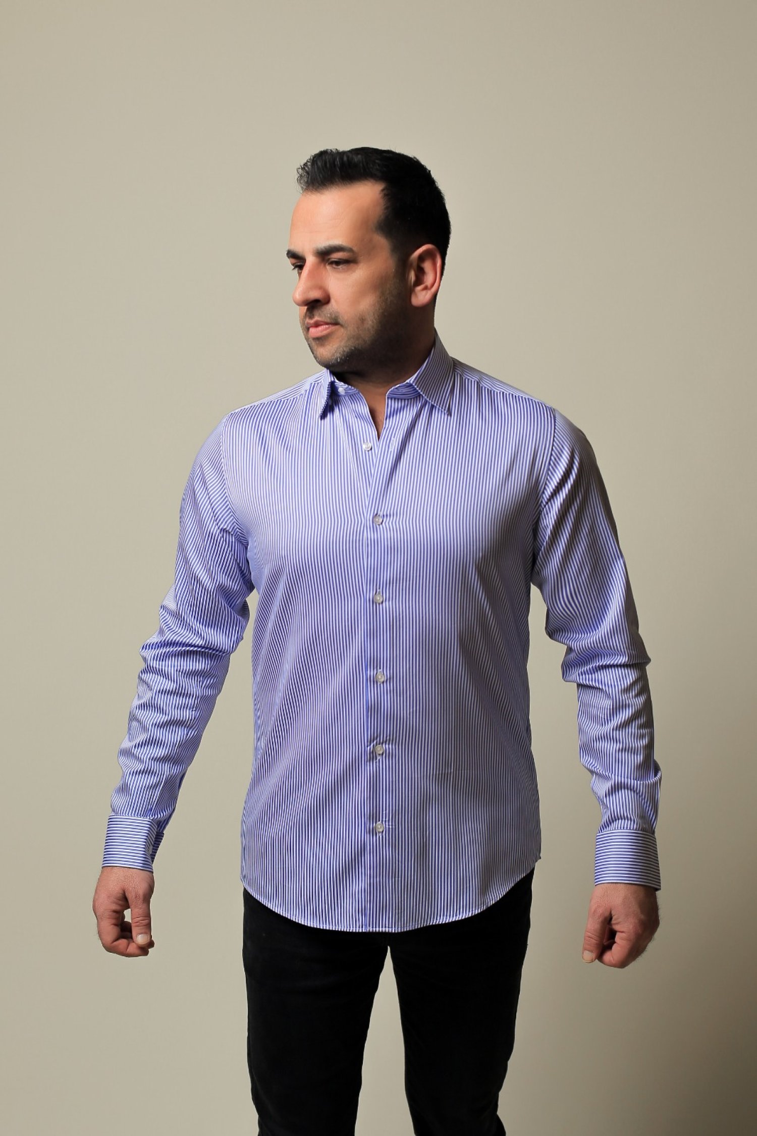 %100 PAMUK SATEN MAVİ İNCE ÇİZGİLİ SLİM FIT GÖMLEK - L KN6A