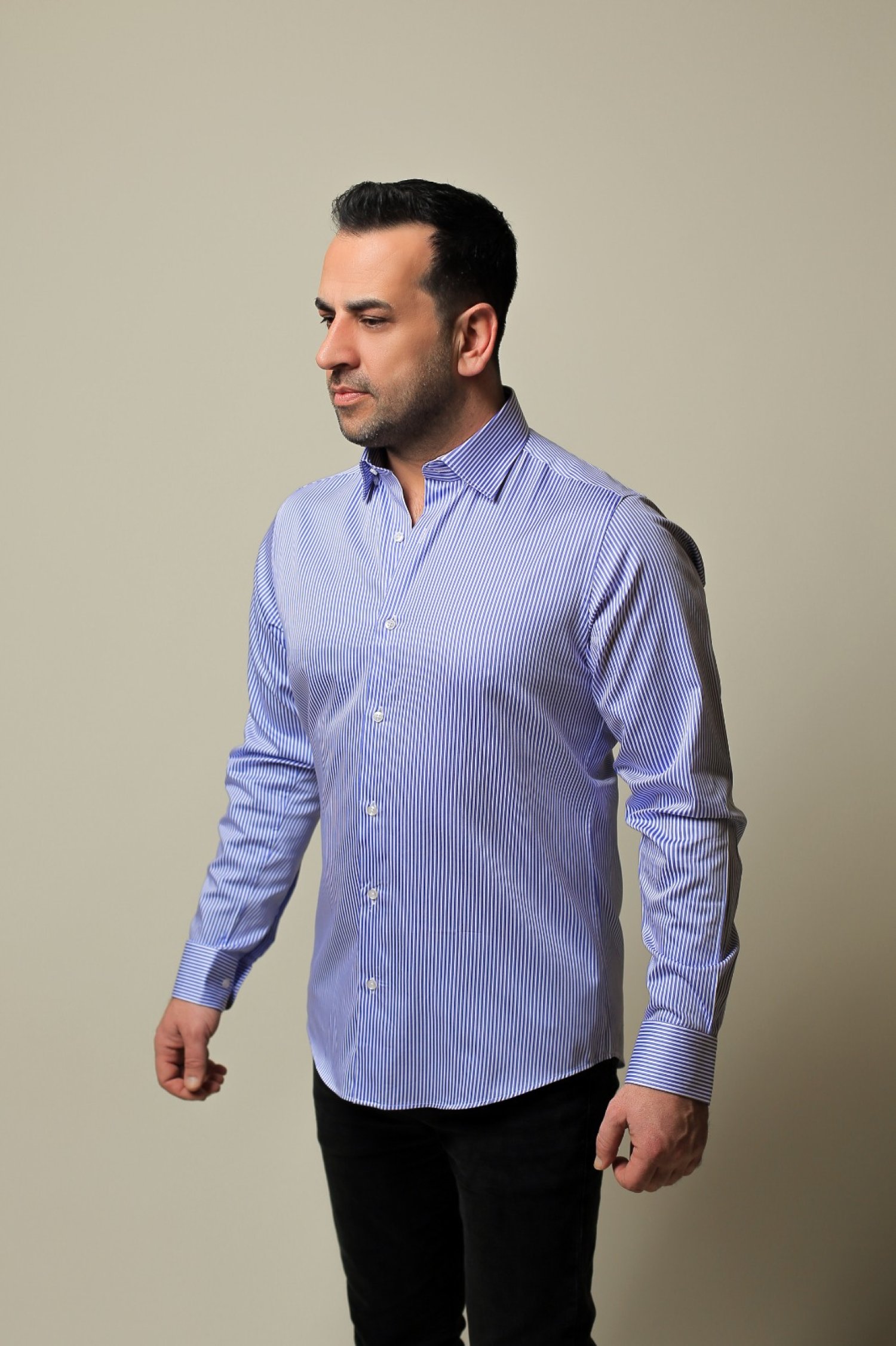 %100 PAMUK SATEN MAVİ İNCE ÇİZGİLİ SLİM FIT GÖMLEK - L OALX