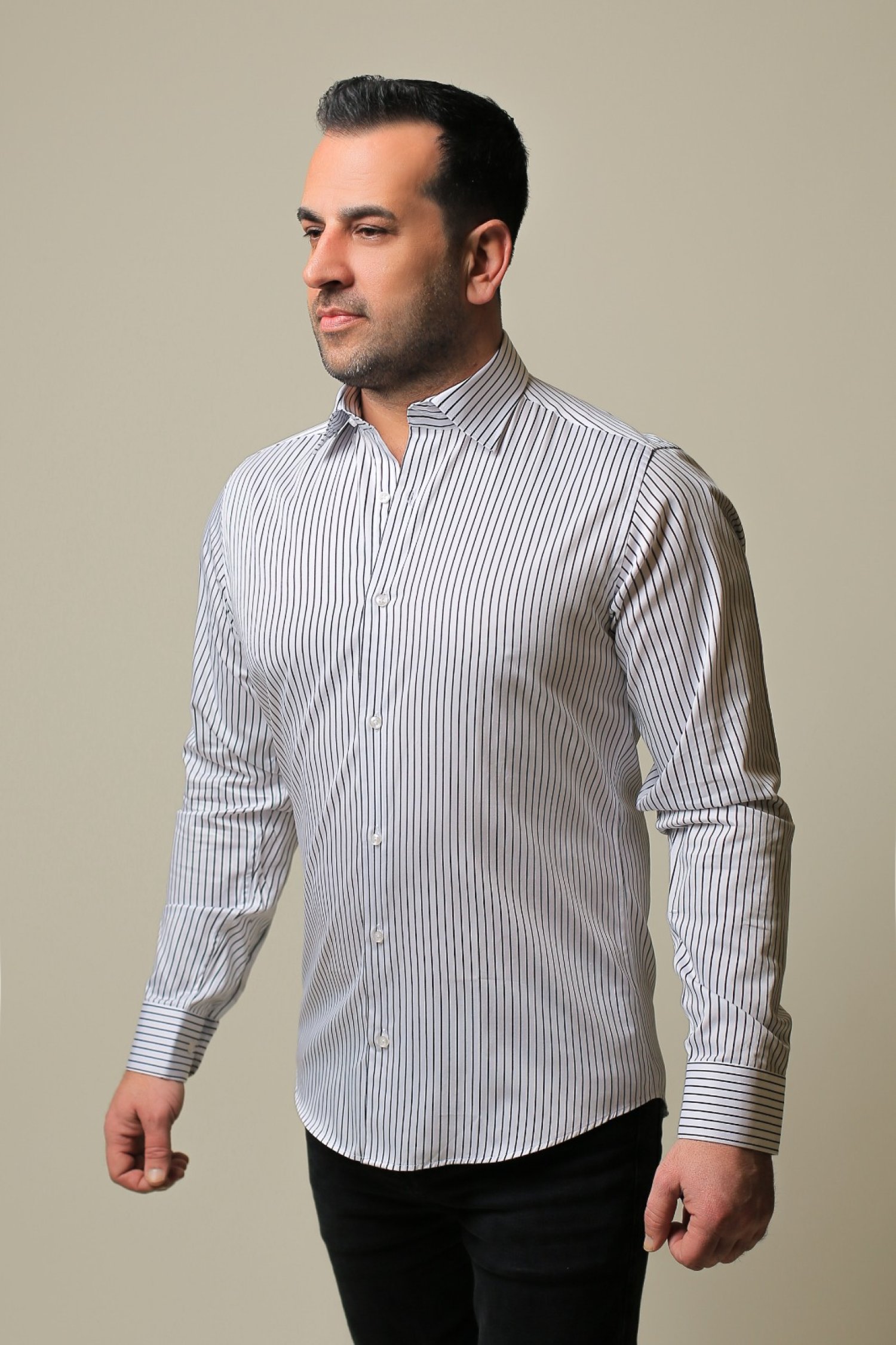 %100 Pamuk Saten Siyah Çizgili Beyaz Slim Fit Erkek Gömlek - S 3IJ8