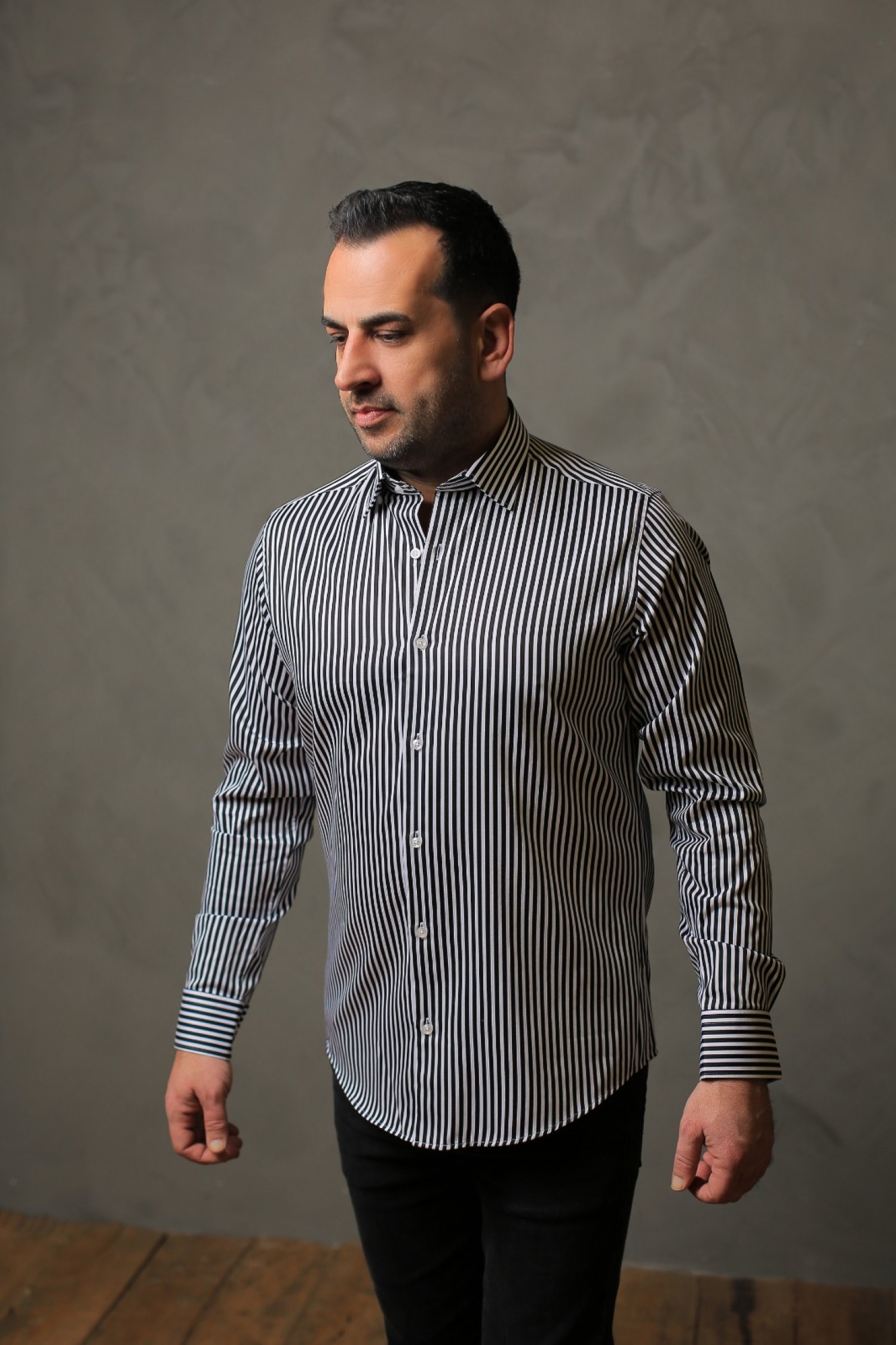 %100 Pamuk Saten Siyah Kalın Çizgili Slim Fit Gömlek - S 6D8F