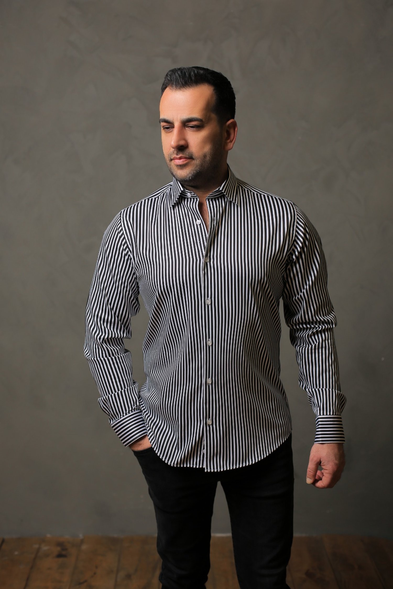 %100 Pamuk Saten Siyah Kalın Çizgili Slim Fit Gömlek - S H7DR