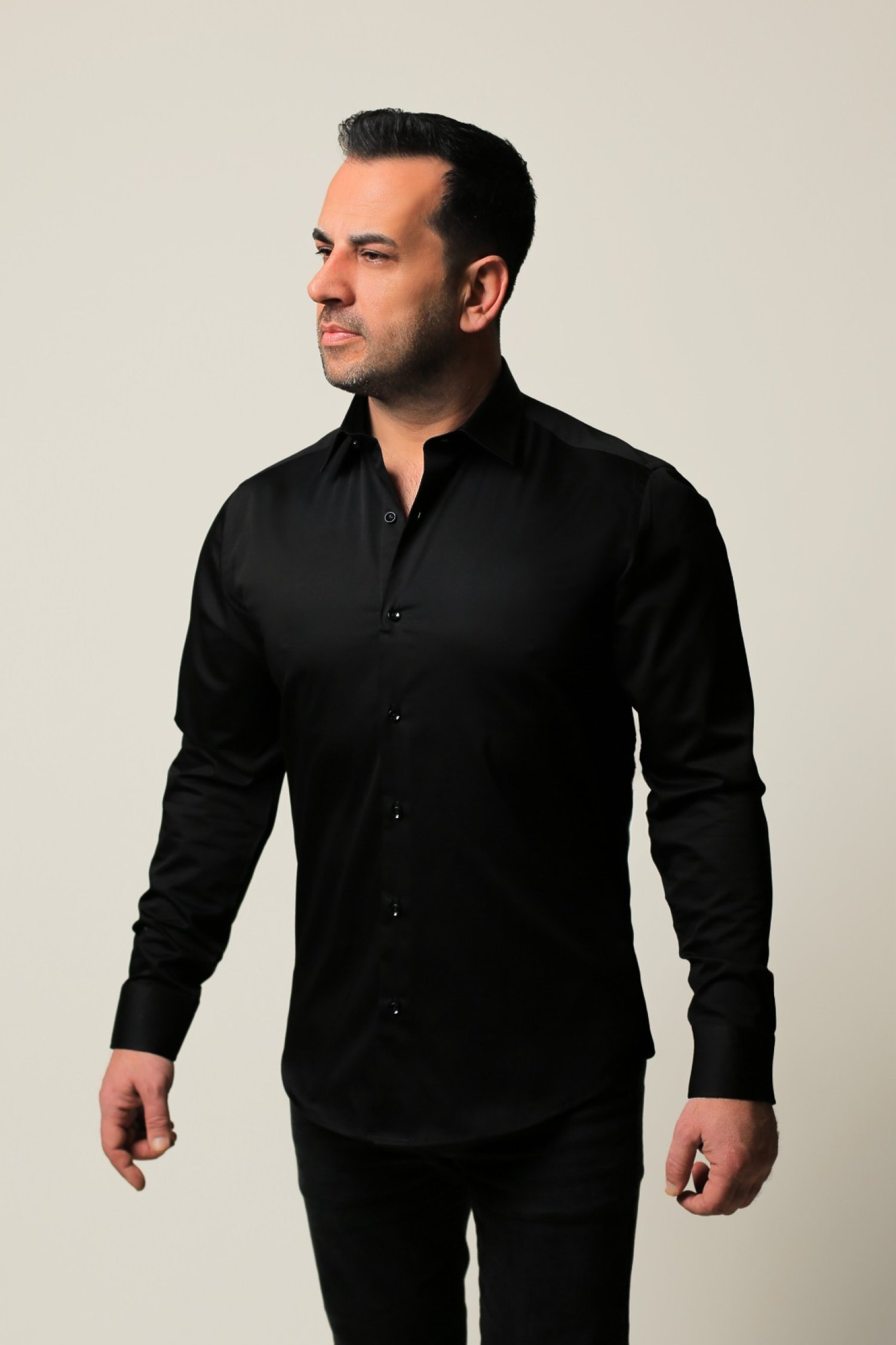 %100 Pamuk Saten Siyah Slim Fit Gömlek - S A8B6