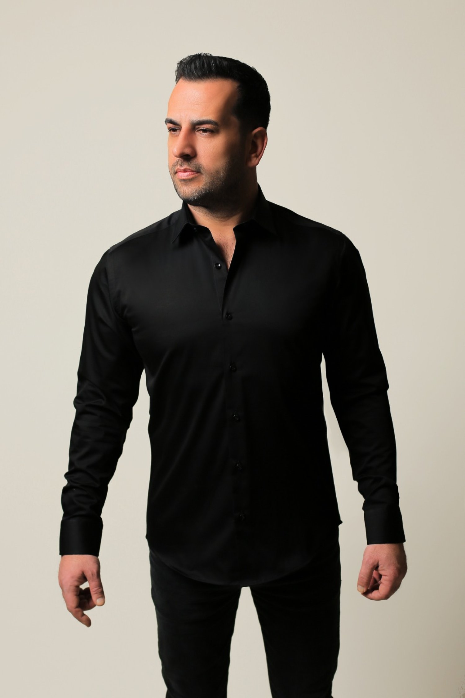 %100 Pamuk Saten Siyah Slim Fit Gömlek - S JL06