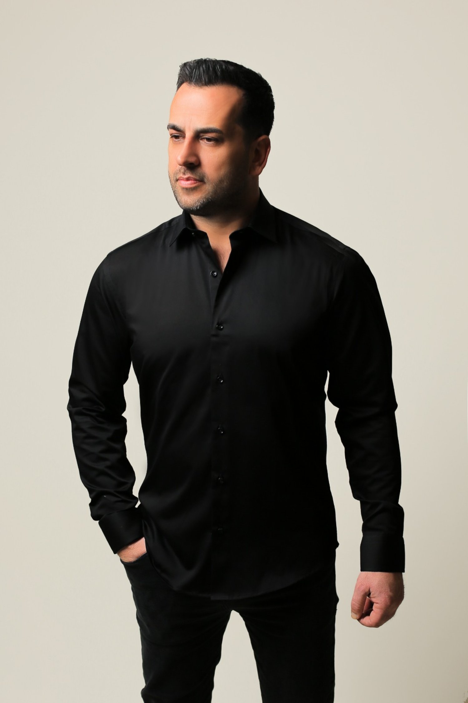 %100 Pamuk Saten Siyah Slim Fit Gömlek - S PVQE