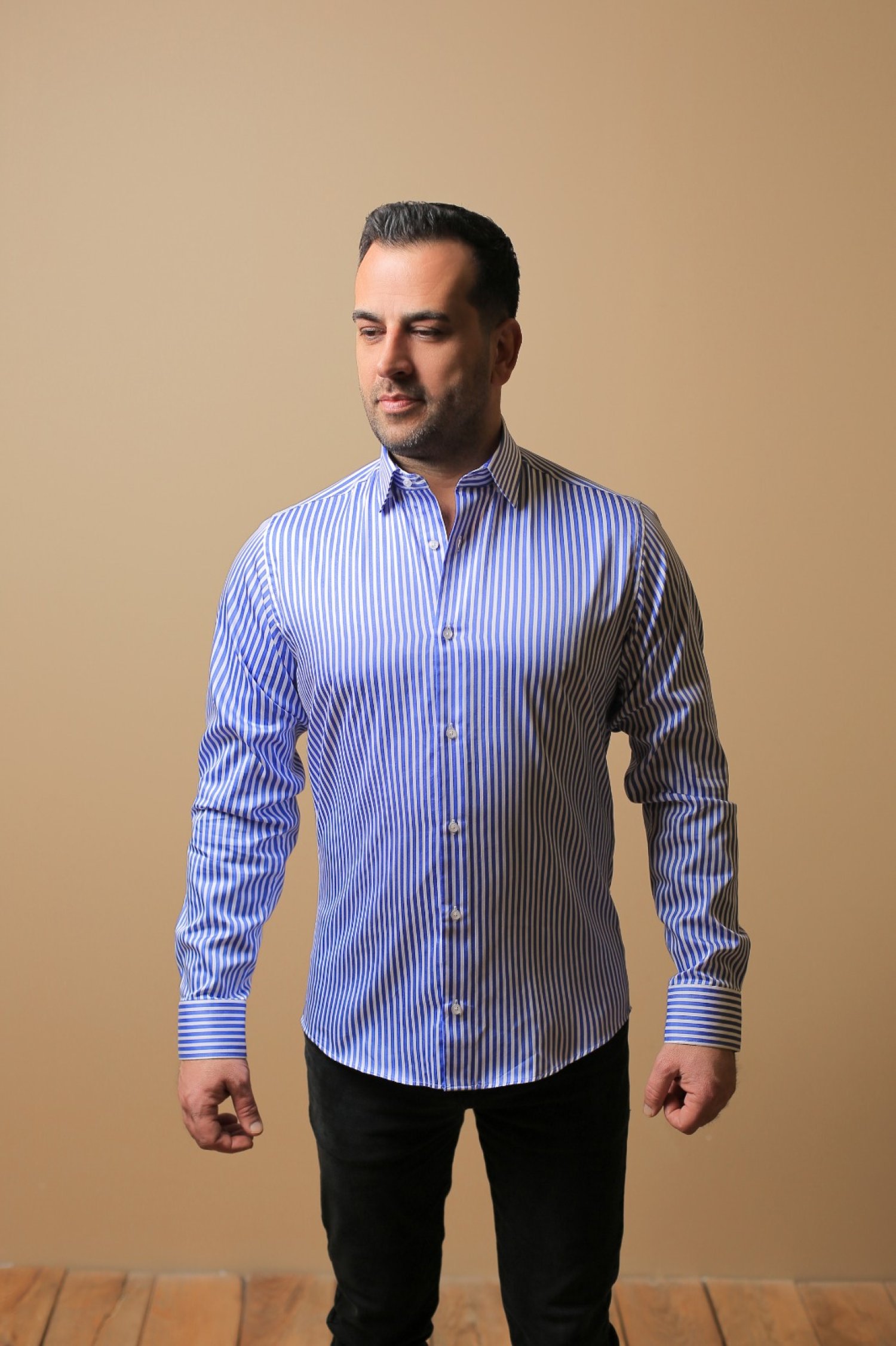 %100 PAMUK SATEN SLİM FIT MAVİ KALIN ÇİZGİLİ GÖMLEK - S ARYH