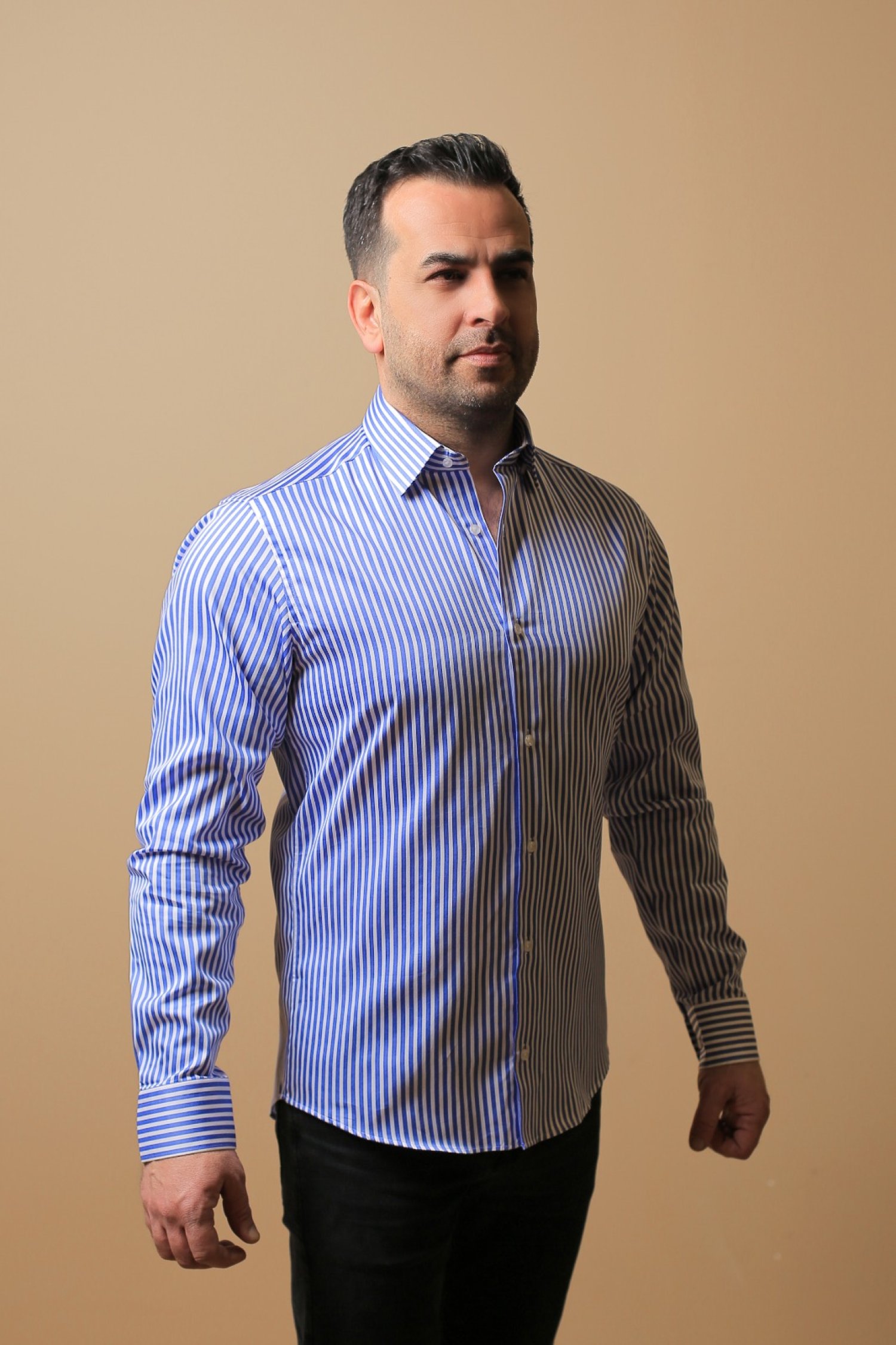 %100 PAMUK SATEN SLİM FIT MAVİ KALIN ÇİZGİLİ GÖMLEK - S EUWZ