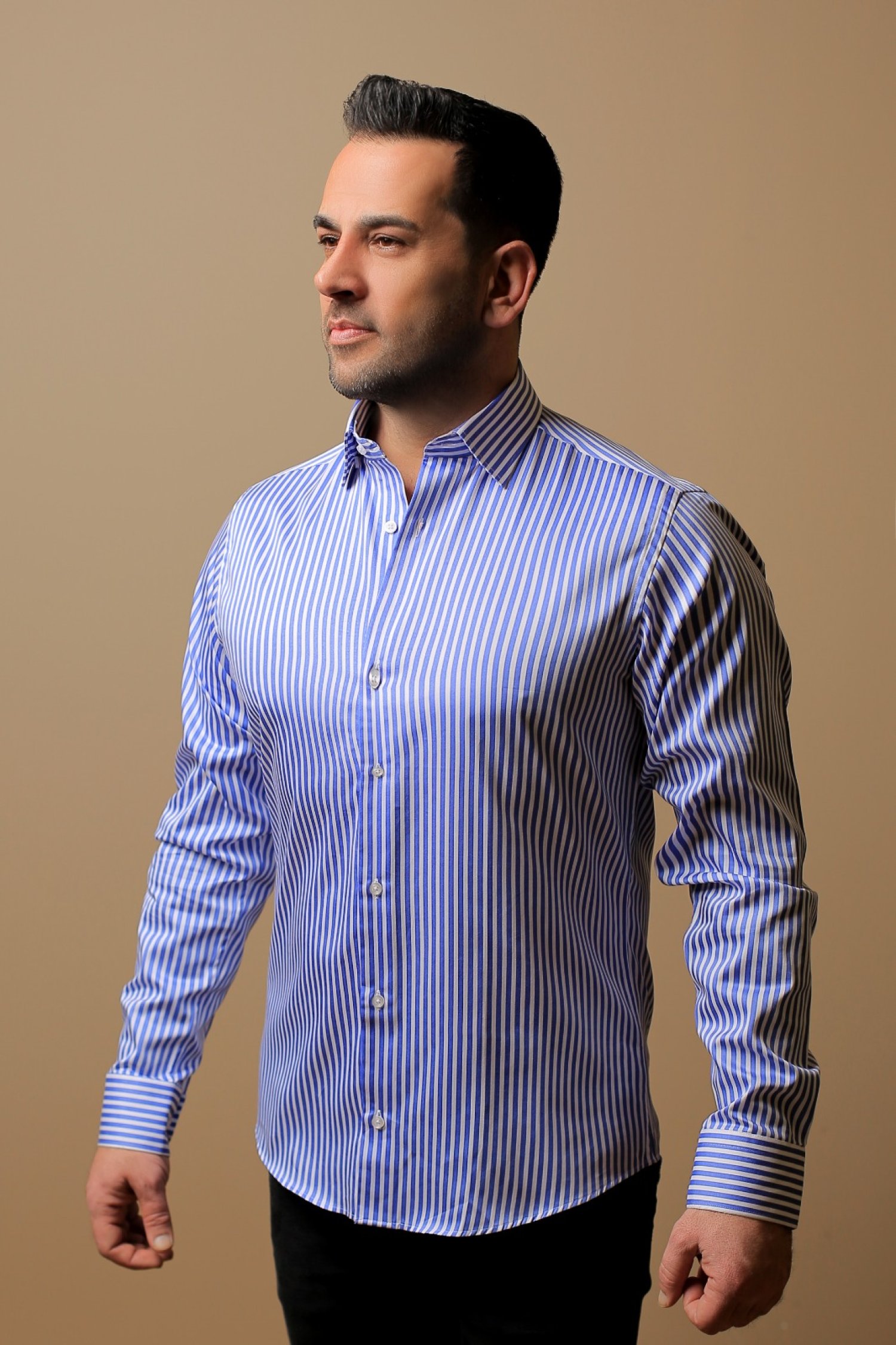 %100 PAMUK SATEN SLİM FIT MAVİ KALIN ÇİZGİLİ GÖMLEK - S V6BS