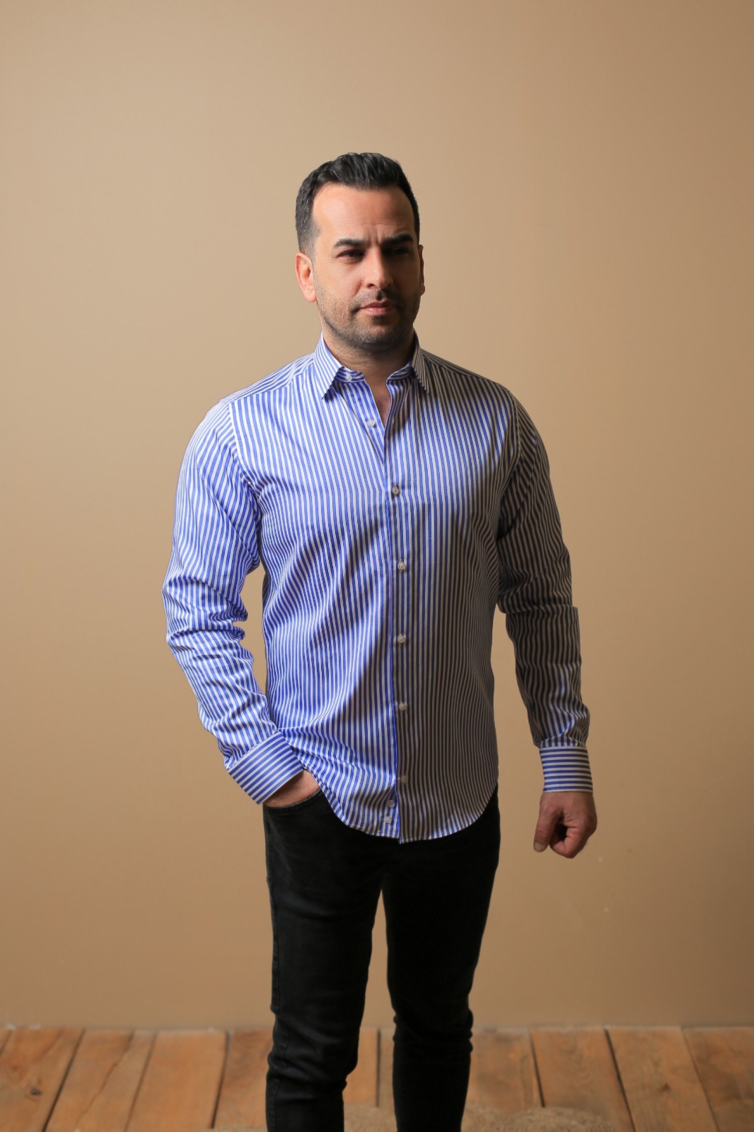 %100 PAMUK SATEN SLİM FIT MAVİ KALIN ÇİZGİLİ GÖMLEK - S WSBK