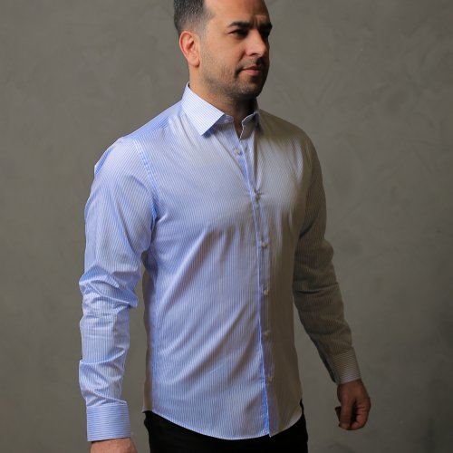 % 100 PAMUK SATEN AÇIK MAVİ ÇİZGİLİ SLİM FIT GÖMLEK - S