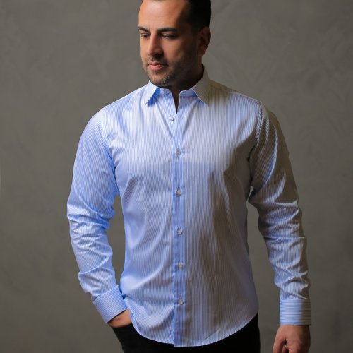 % 100 PAMUK SATEN AÇIK MAVİ ÇİZGİLİ SLİM FIT GÖMLEK - S RDF4