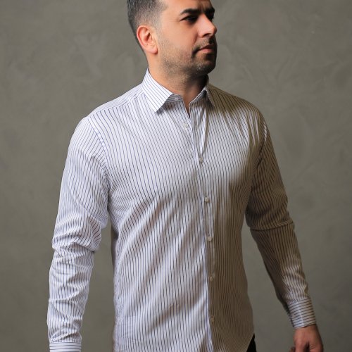 % 100 Pamuk Saten Lacivert Çizgili Beyaz Slim Fit Gömlek - S