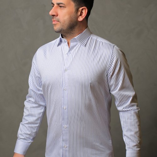 % 100 Pamuk Saten Lacivert Çizgili Beyaz Slim Fit Gömlek - S ULFS