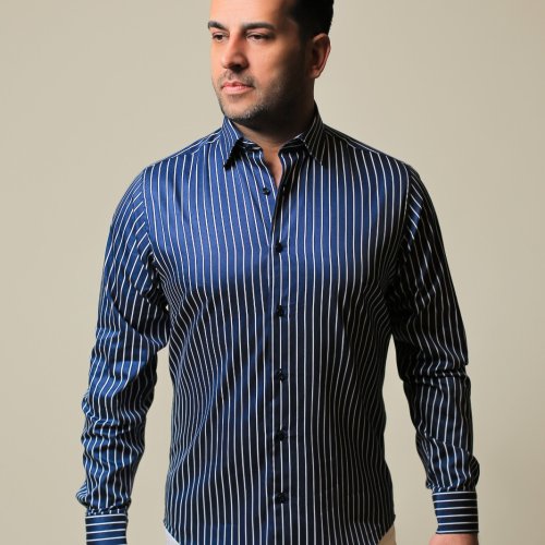 %100 Pamuk Saten Beyaz Çizgili Lacivert Slim Fit Gömlek - S