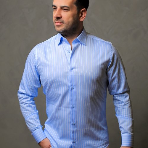 %100 Pamuk Saten Beyaz Çizgili Mavi Slim Fit Gömlek - S