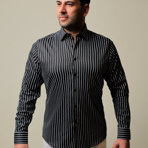 %100 Pamuk Saten Beyaz Çizgili Siyah Slim Fit Gömlek - S
