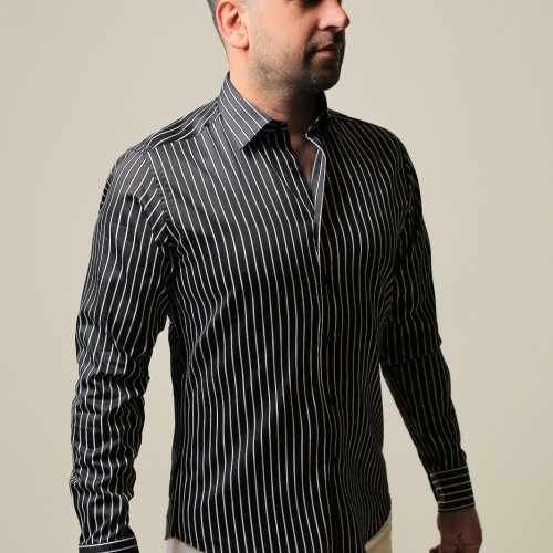 %100 Pamuk Saten Beyaz Çizgili Siyah Slim Fit Gömlek - S O20E