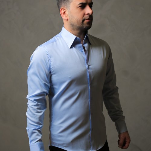 %100 Pamuk Saten Erkek Mavi Slim Fit Gömlek - XL QK3Z