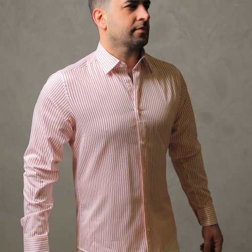 %100 Pamuk Saten Kırmızı Çizgili Beyaz Slim Fit Gömlek  - XXL YJVB