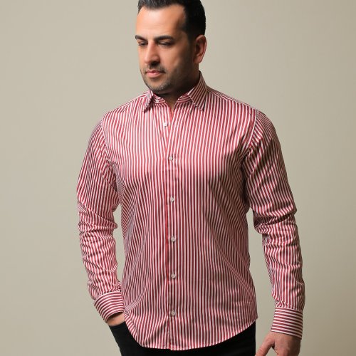 %100 PAMUK SATEN KIRMIZI ÇİZGİLİ SLIM FIT GÖMLEK - L 3NAV