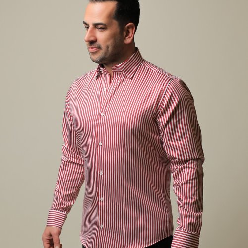 %100 PAMUK SATEN KIRMIZI ÇİZGİLİ SLIM FIT GÖMLEK - L NA2A