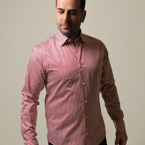 %100 PAMUK SATEN KIRMIZI ÇİZGİLİ SLIM FIT GÖMLEK - L NV78
