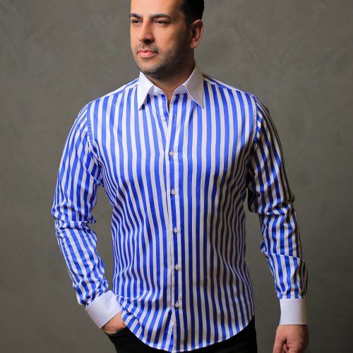 %100 Pamuk Saten Manşet Mavi Çizgili Slim Fit Gömlek  - XL
