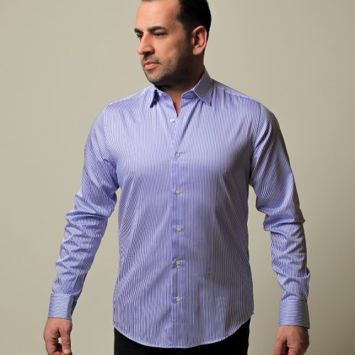 %100 PAMUK SATEN MAVİ İNCE ÇİZGİLİ SLİM FIT GÖMLEK - XL