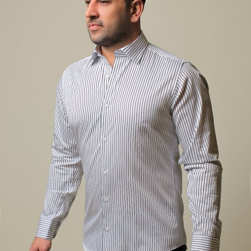 %100 Pamuk Saten Siyah Çizgili Beyaz Slim Fit Erkek Gömlek - S 3IJ8