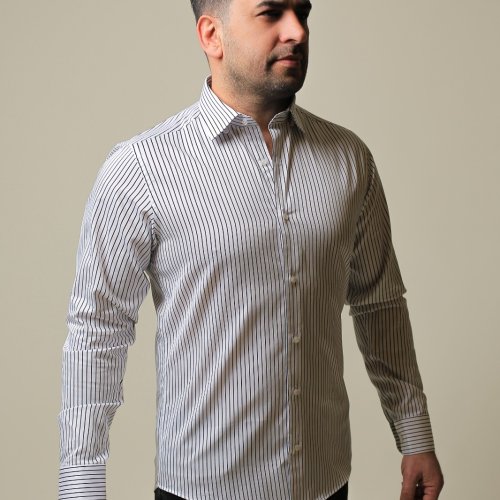 %100 Pamuk Saten Siyah Çizgili Beyaz Slim Fit Erkek Gömlek - M