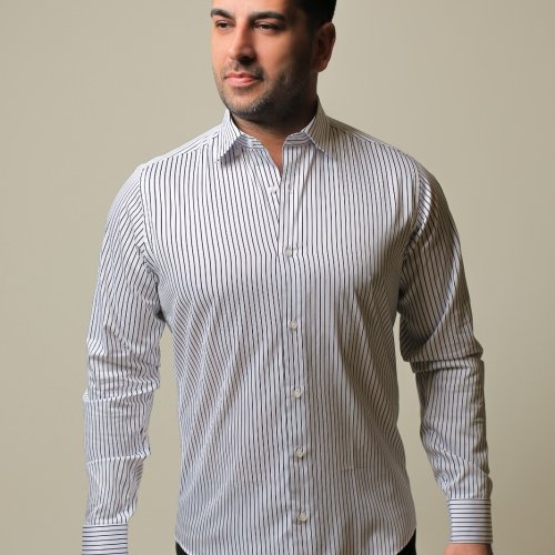%100 Pamuk Saten Siyah Çizgili Beyaz Slim Fit Erkek Gömlek - S TF2E