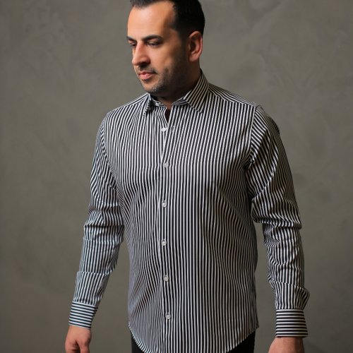 %100 Pamuk Saten Siyah Kalın Çizgili Slim Fit Gömlek - XXL