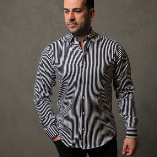 %100 Pamuk Saten Siyah Kalın Çizgili Slim Fit Gömlek - S H7DR