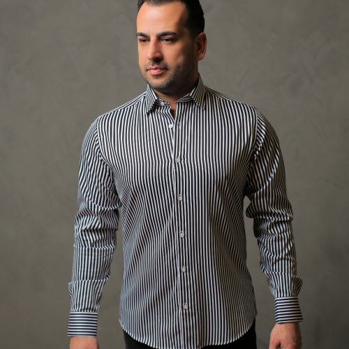 %100 Pamuk Saten Siyah Kalın Çizgili Slim Fit Gömlek - S K4K6