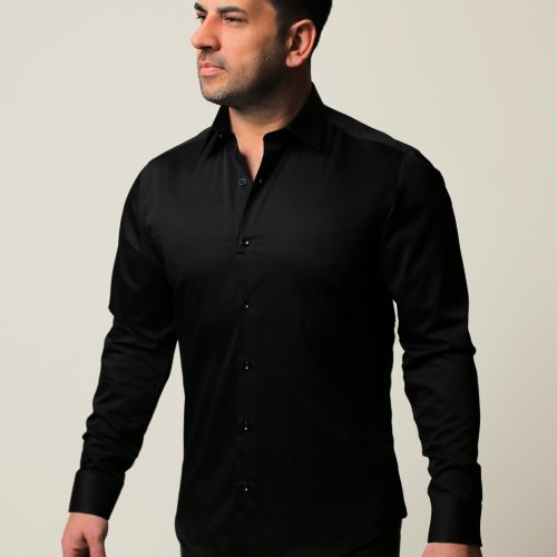 %100 Pamuk Saten Siyah Slim Fit Gömlek - S