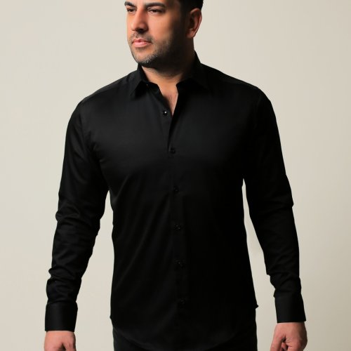 %100 Pamuk Saten Siyah Slim Fit Gömlek - S JL06