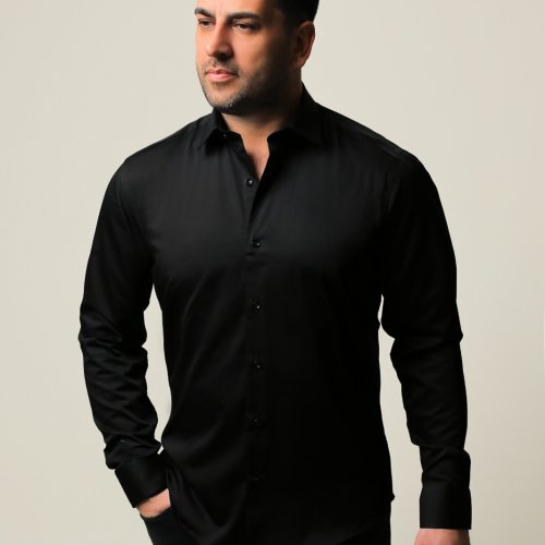 %100 Pamuk Saten Siyah Slim Fit Gömlek - S PVQE