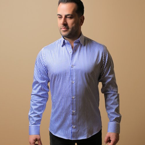 %100 PAMUK SATEN SLİM FIT MAVİ KALIN ÇİZGİLİ GÖMLEK - S ARYH