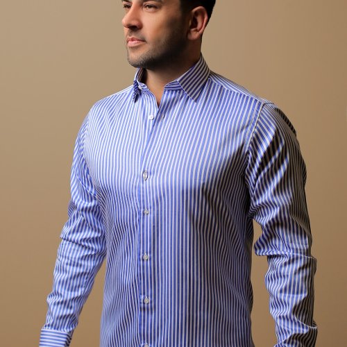 %100 PAMUK SATEN SLİM FIT MAVİ KALIN ÇİZGİLİ GÖMLEK - S V6BS