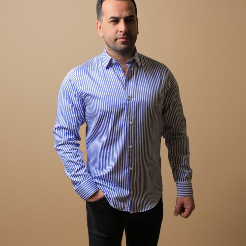 %100 PAMUK SATEN SLİM FIT MAVİ KALIN ÇİZGİLİ GÖMLEK - S